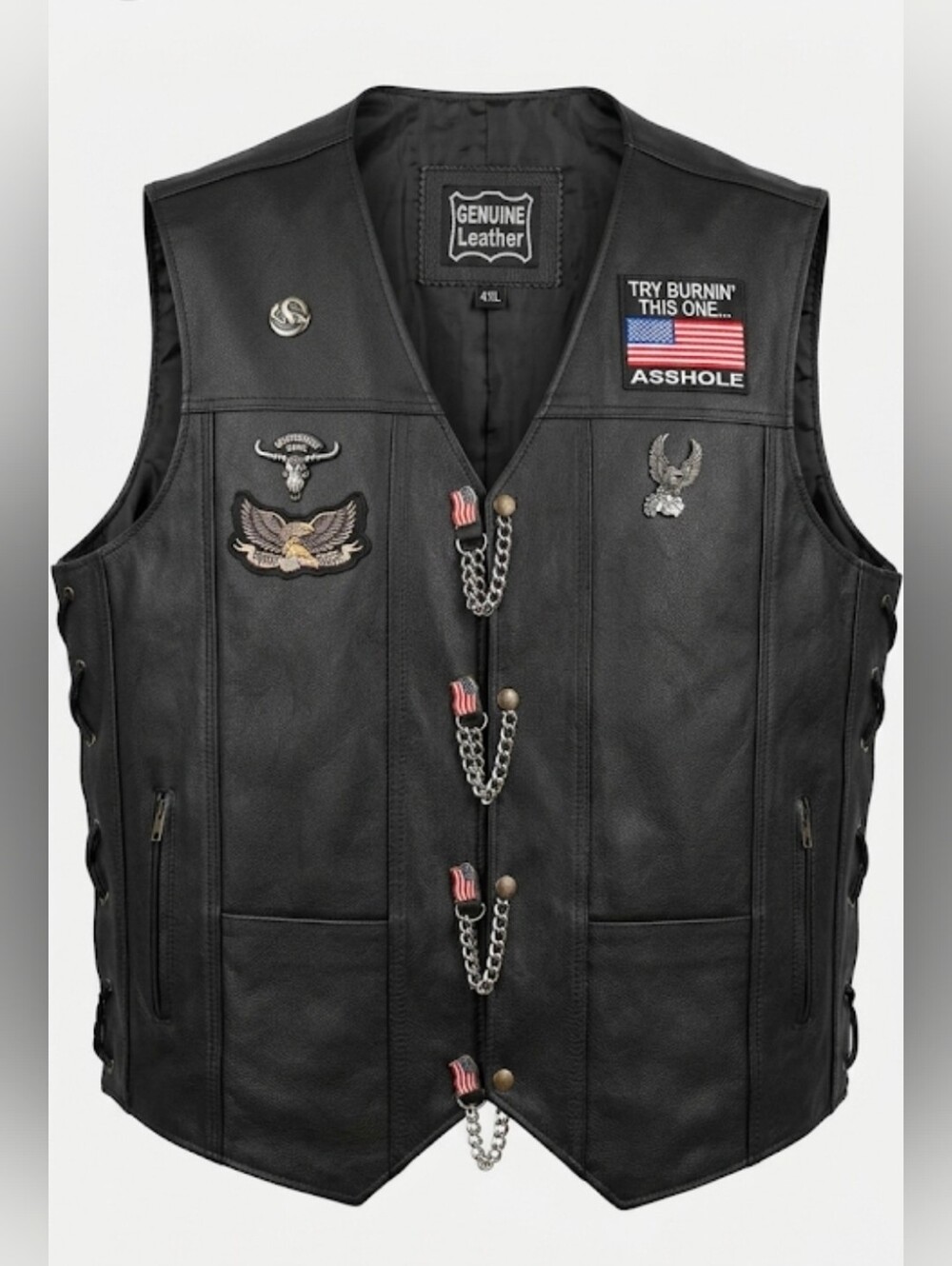 Vintage Genuine Leather Biker Vest 4XL Death Before Dishonor Patched. USA Flag
